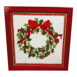 Vintage Christmas Wreath Framed Needlepoint Textile Art For Sale