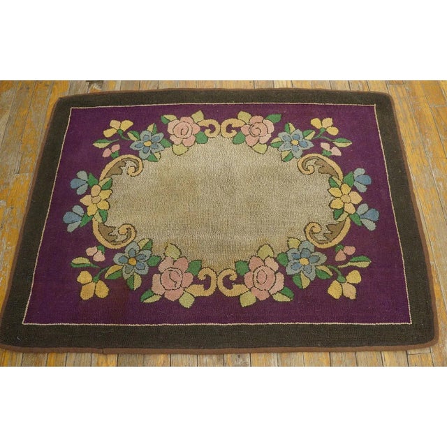 19th Century 1890s Purple Medallion Floral Handmade Folk Art Antique American Hooked Rug For Sale - Image 5 of 10