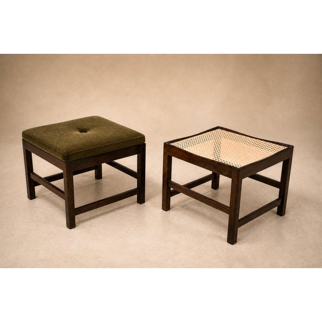 1960s Pair of Brazilian Modern Stools in Rosewood, Cane, and Olive Mohair Cushions — Liceu De Artes, 1960s For Sale - Image 5 of 18