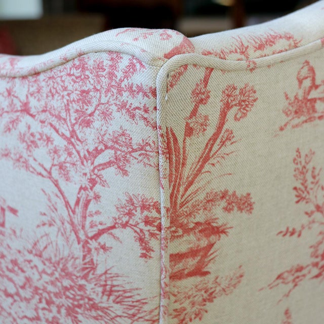 Queen Anne Style Wingback Armchair in Red Toile De Jouy For Sale - Image 12 of 14