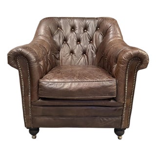 Restoration Hardware Distressed Leather Club Chair – Tufted English Library Lounge Chair With Rolled Arms & Brass Casters For Sale