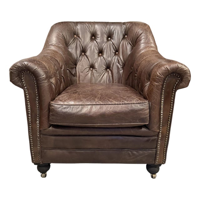 Restoration Hardware Distressed Leather Club Chair – Tufted English Library Lounge Chair With Rolled Arms & Brass Casters For Sale