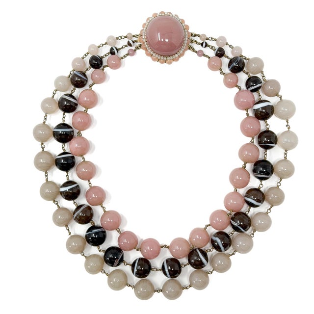 Vintage French Pink and Brown Glass Bead Statement Necklace, 1950s For Sale - Image 4 of 12