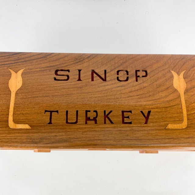 Nice one of a kind handmade wooden box with inside mirror and two drawers. Top carved “Sinop Turkey” and tulips. Red felt...