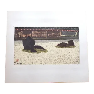 Original Vintage Signed Folio Size Mid 20th C. Japanese Rock Garden Lithograph