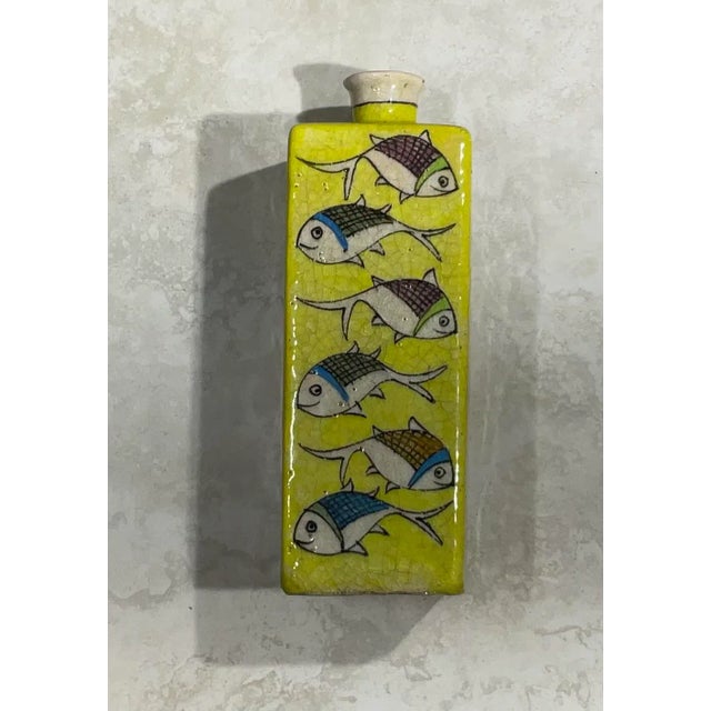 1960s Vintage Hand Painted Square Ceramic Fish Vase For Sale - Image 5 of 13