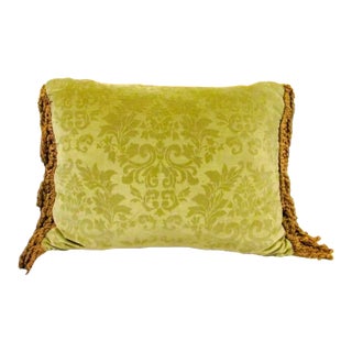 1980s Designer Handmade Green Cotton and Velvet Down Pillow With a Rope Fringe Trim For Sale