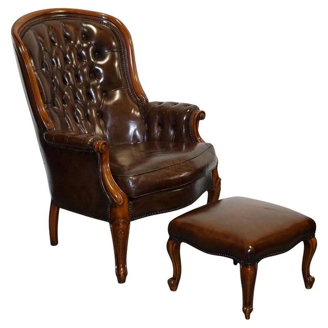 Set of Victorian Chesterfield Armchair and Ottoman in Dyed Leather For Sale - Image 18 of 18