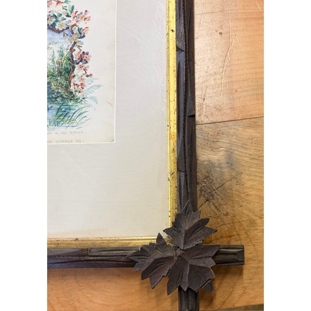 Antique Black Forest Wood Frame With Antique Water Color Painting For Sale - Image 4 of 8