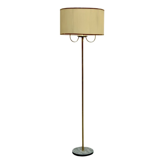 Brass Floor Lamp with Pleated Fabric Shade and Marble Base, Italy, 1950s For Sale