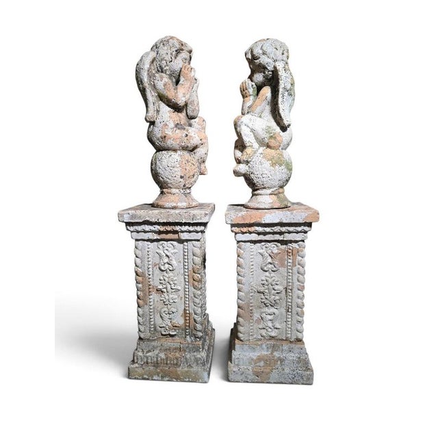 Gold 19th Century Italian Terracotta Cherub Sculptures on Pedestals, 1890, Set of 2 For Sale - Image 8 of 11