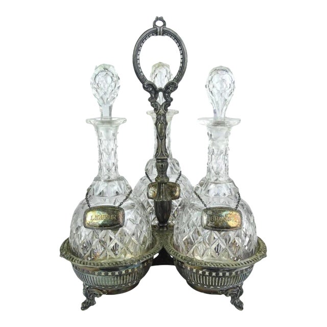 Antique English Silver Three Section Silverplate Decanter Holder or Tantalus With Lateraling Liquor For Sale