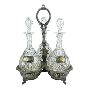 Antique English Silver Three Section Silverplate Decanter Holder or Tantalus With Lateraling Liquor