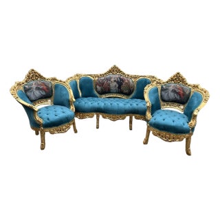1900s French Louis XVI Blue Velvet / Green Beech Sofa Set 3pc For Sale