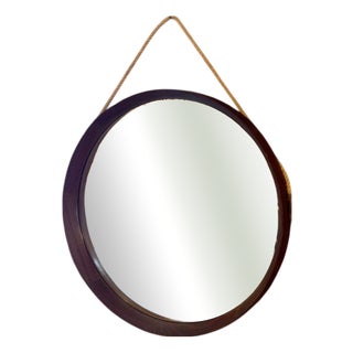 Vintage Round Mirror in Teak Frame For Sale