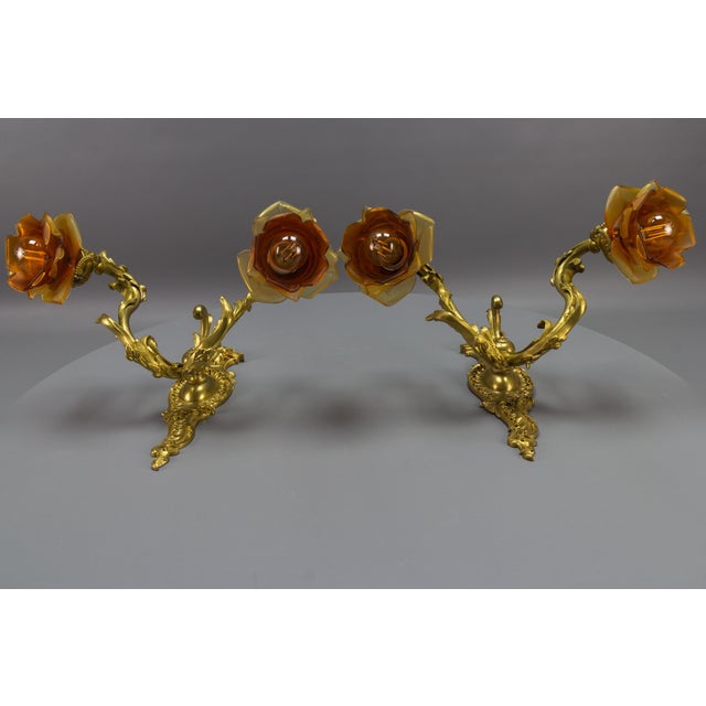 French Louis XV Style Bronze and Brown Glass Sconces, 1890s, Set of 2 For Sale - Image 15 of 18