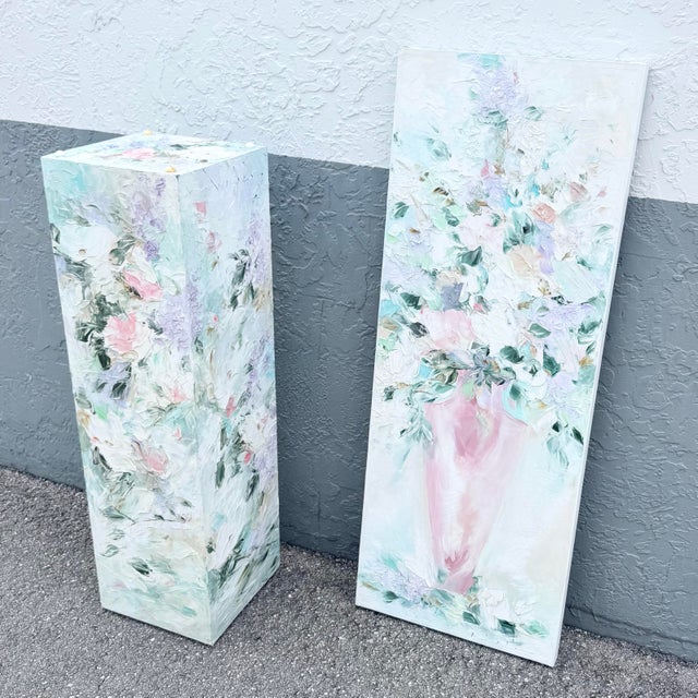 Vintage Textured Floral Painted Pedestal and Painting - 2 Pieces For Sale - Image 4 of 9