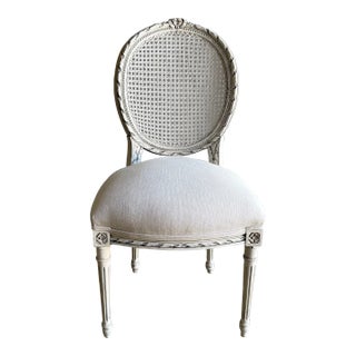 Antique Louis XVI Style French Cane Back Chair in Oyster White Finish For Sale