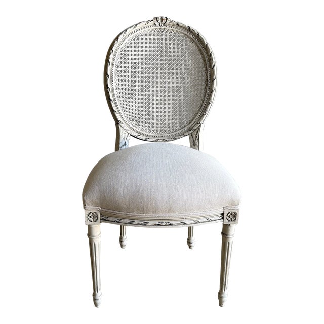 Antique Louis XVI Style French Cane Back Chair in Oyster White Finish For Sale