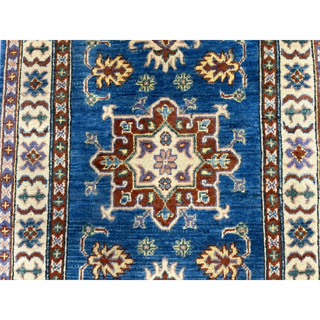 Blue and Beige Kazak-Style Wool Runner Rug, Natural Dyes, 2'8