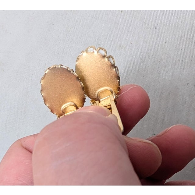 Metal Vintage 1960s Signed Napier Oval White Resin Raised Design Clip Earrings-2 Pieces For Sale - Image 7 of 7