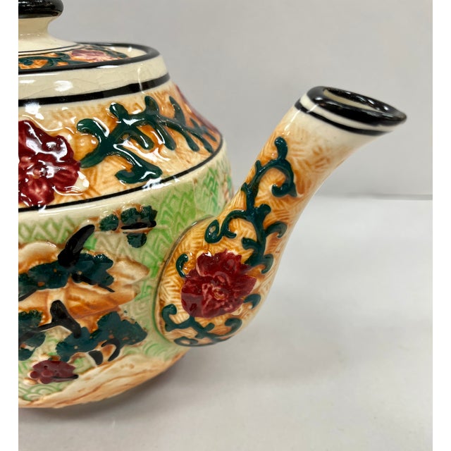 Green Vintage Majolica Teapot With Asian Designs For Sale - Image 8 of 12