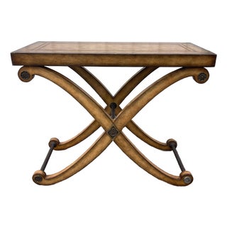 Neoclassical Tooled Leather Greek Key X Base Console Table by Kreiss Collection For Sale
