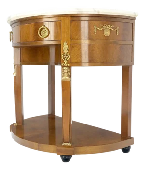 1960s Walnut Marble Top Neoclassical Demi Lune Bronze Mount Console Table 1 Drawer