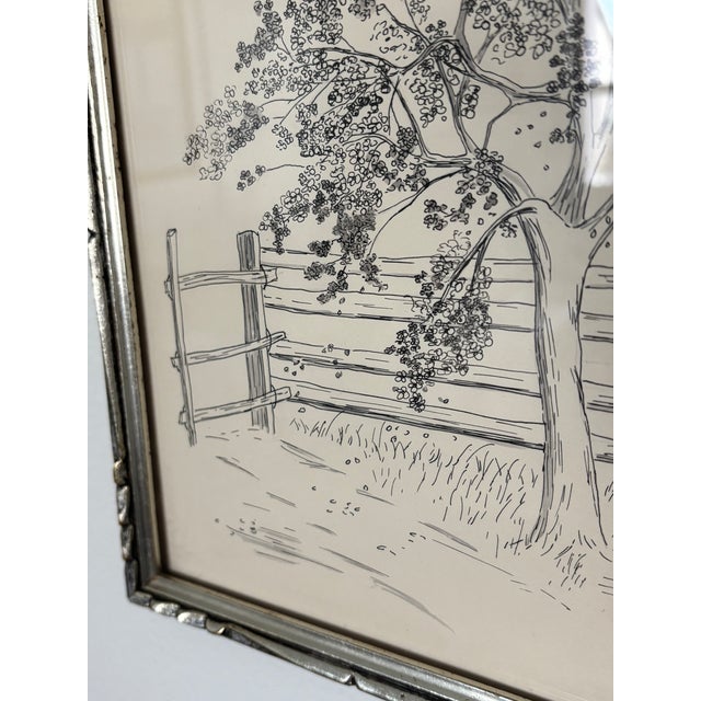 1940s Original Ink Drawing of Tree and Fence in Silverleaf Frame For Sale - Image 9 of 14