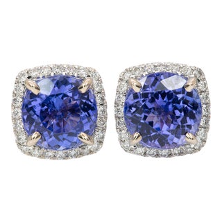 3.7Ct Aaa Tanzanite Stud Earrings With Natural Diamond Accents: Solid 14k Gold, A Pair For Sale