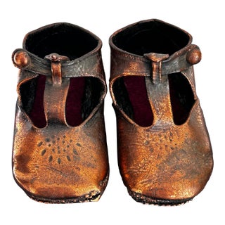 Vintage Pair Mid Century Modern Copper Plated Baby Shoes Nursery Decor For Sale