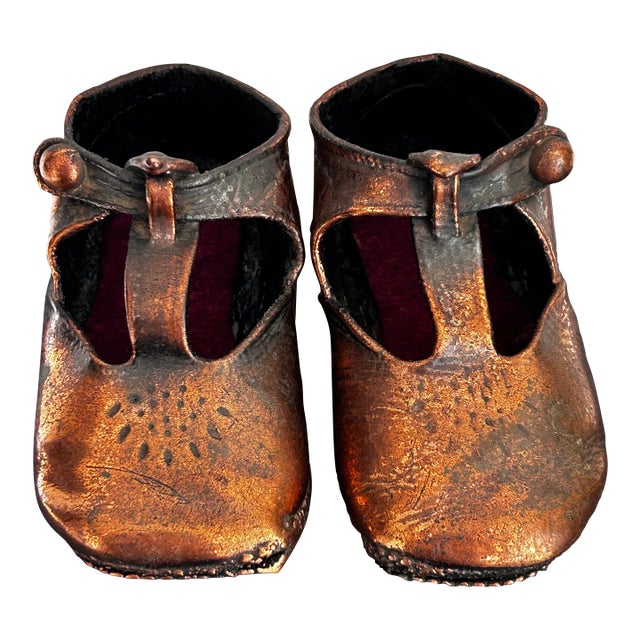 Vintage Pair Mid Century Modern Copper Plated Baby Shoes Nursery Decor For Sale