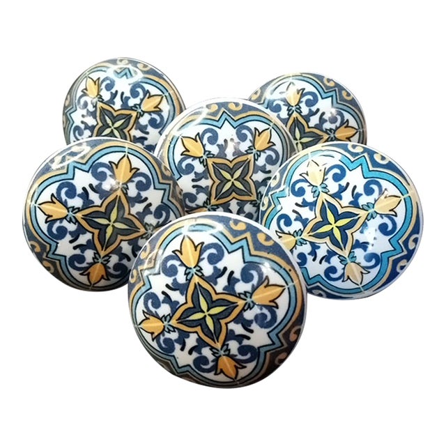 Vintage Handpainted Iznik Ceramic Cabinet Knobs Made in Turkey Set of 6 For Sale