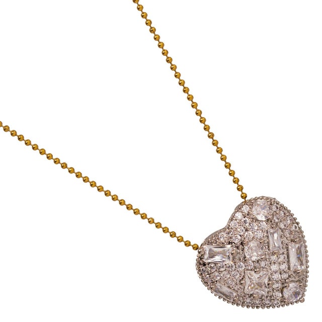 Sparkly Baguette Diamonds Big Heart Love Gold Statement Necklace For Sale In Miami - Image 6 of 6