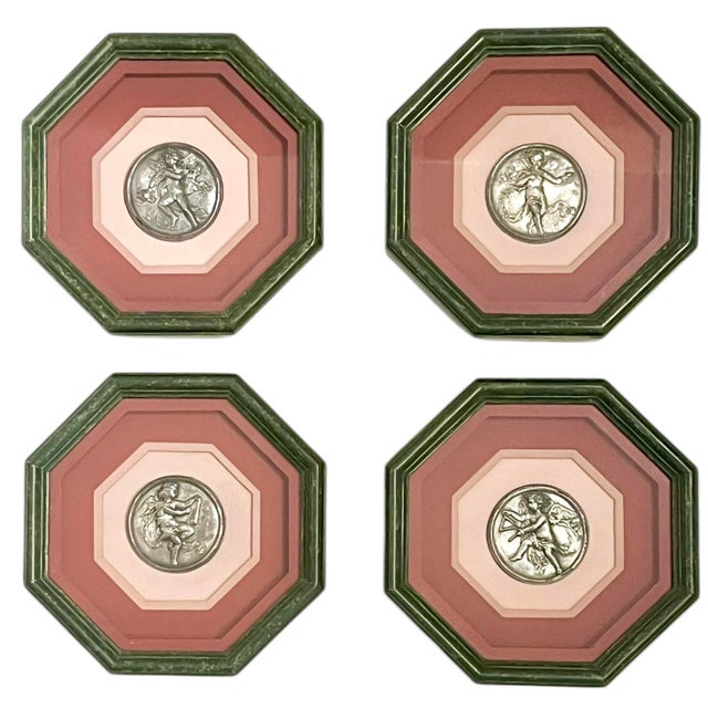 Metal Set of 4 Vintage French Neoclassical Style Green and Pink Octagonal Framed Silver Cherub Medallions For Sale - Image 7 of 15