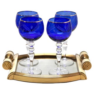 Crystal Stem Glasses in Cobalt Overlay with Tray, 1935, Set of 5 For Sale