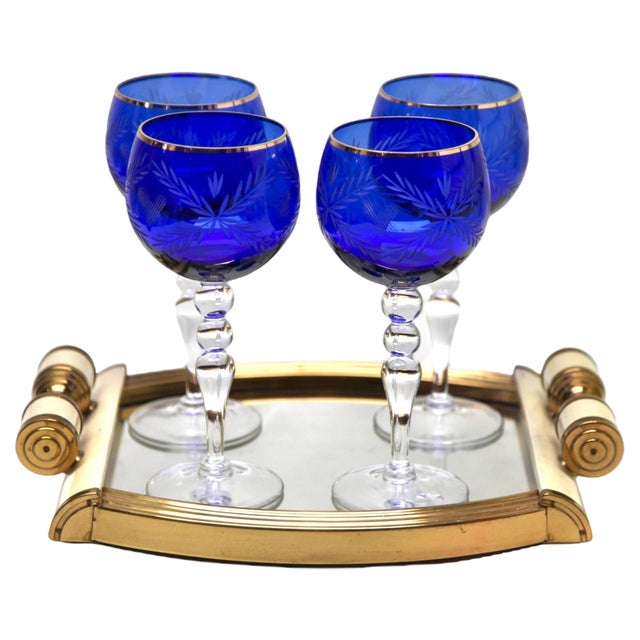 Crystal Stem Glasses in Cobalt Overlay with Tray, 1935, Set of 5 For Sale