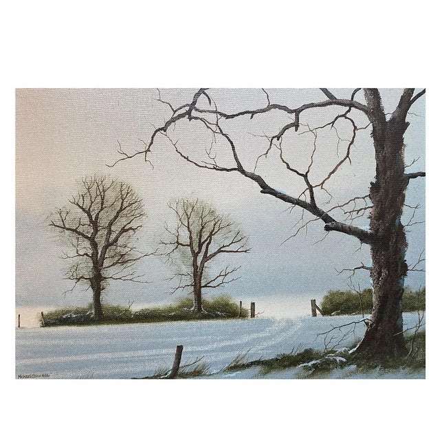 DETAILS A vintage, painting of a tranquil winter morning landscape, with bare trees and a snow covered country lane with...