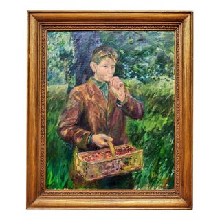 Czech Artist, Boy with a Basket of Cherries, 1960, Oil on Canvas, Framed For Sale