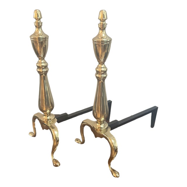 Pair of English Brass Andirons With Urn Finials For Sale