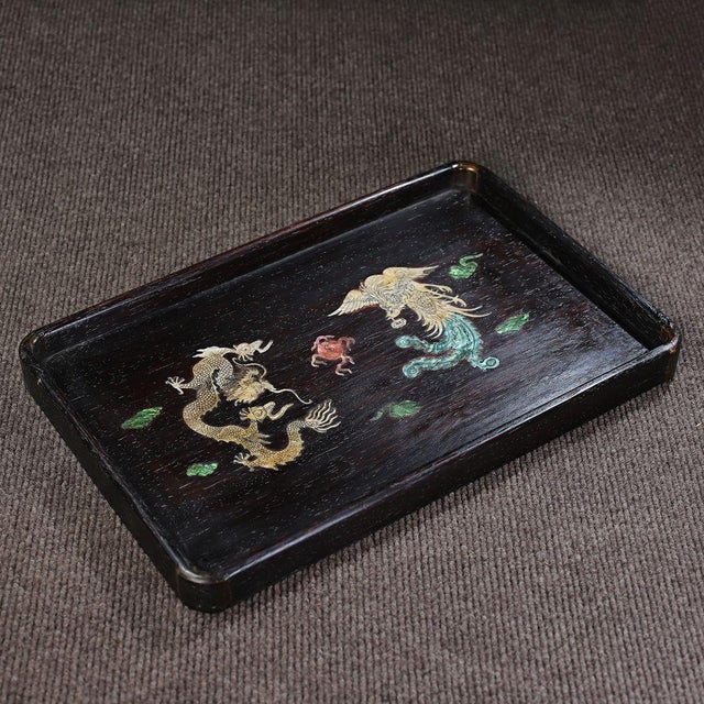 Vintage Chinese Rosewood Tea Tray | Mother-of-Pearl Inlaid Dragon & Phoenix Motif For Sale - Image 4 of 9