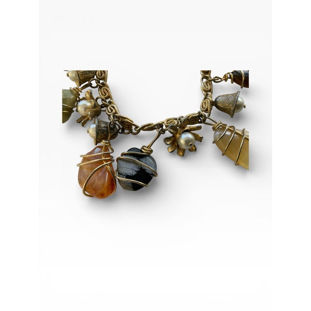 Traditional Vintage Gold Tone Wire Wrapped Natural Gemstone and Small Pearls For Sale - Image 3 of 10
