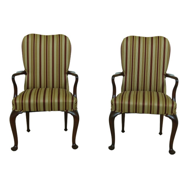 Pair Solid Mahogany Queen Anne Upholstered Armchairs For Sale