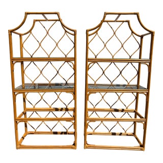 Pair of Vintage Rattan Glass Pagoda Etageres For Sale