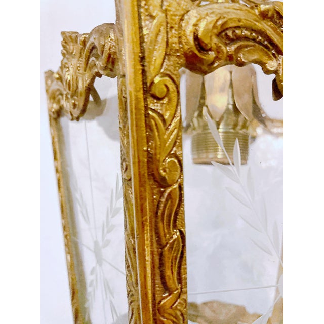 Metal Vintage Bronze Lantern With Etched Glass Panels For Sale - Image 7 of 8