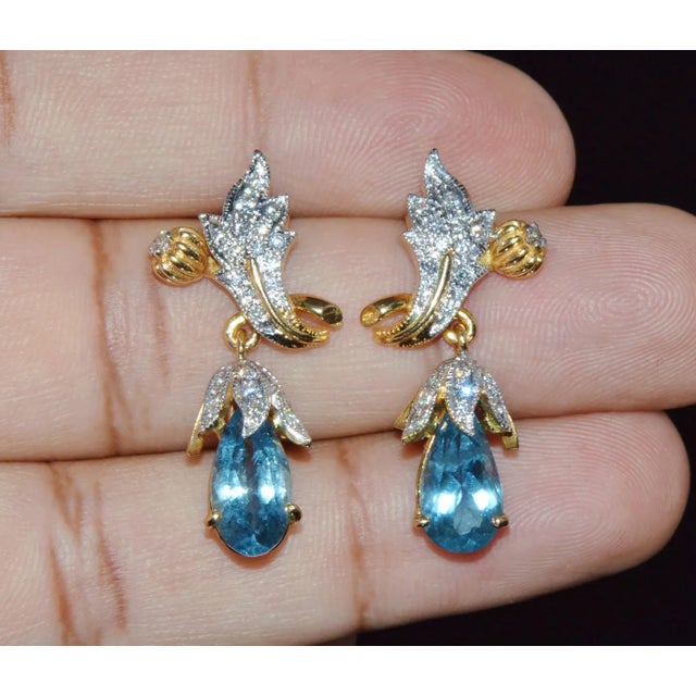 Blue Certified Natural 5.67Cts VS F Diamond Aquamarine 18K Gold Dangle Earrings, A Pair For Sale - Image 8 of 10