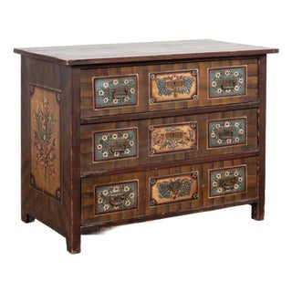 19th Century Original Hand Painted Blanket Chest of Three Drawers From Hungary For Sale