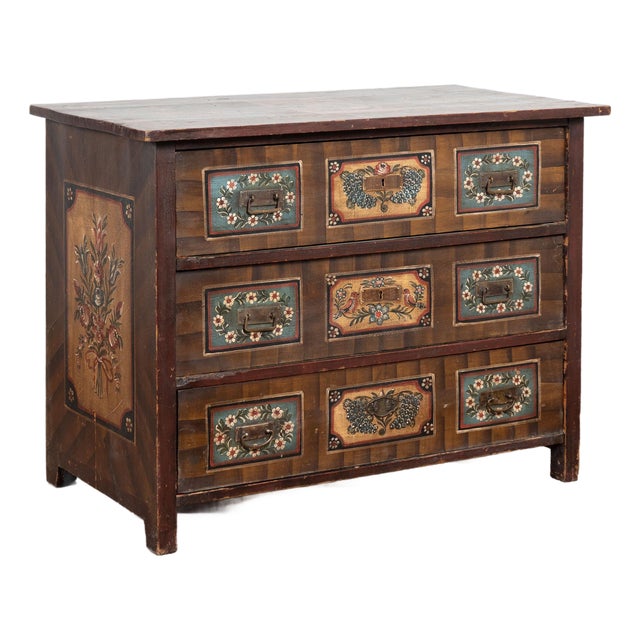 19th Century Original Hand Painted Blanket Chest of Three Drawers From Hungary For Sale