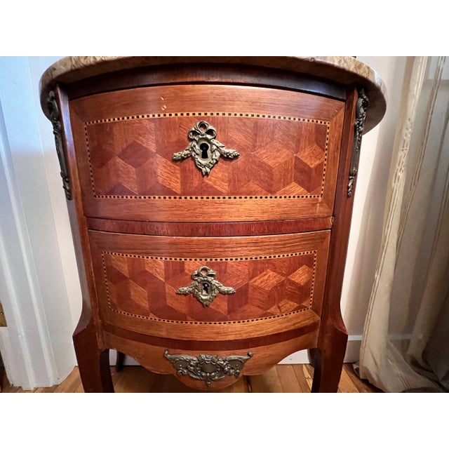 Stone 1920s Demi Lune Marquetry Inlaid Side Table with Marble Top For Sale - Image 7 of 10
