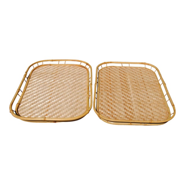 Vintage Bamboo Rattan Tiki Boho Serving Trays - a Pair For Sale